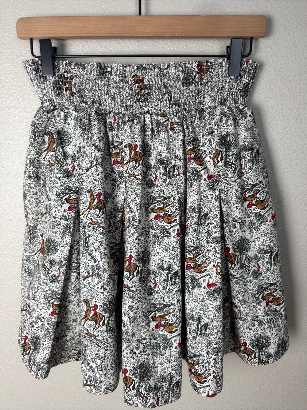Buru Smocked Pleated Equestrian Print Mini Skirt